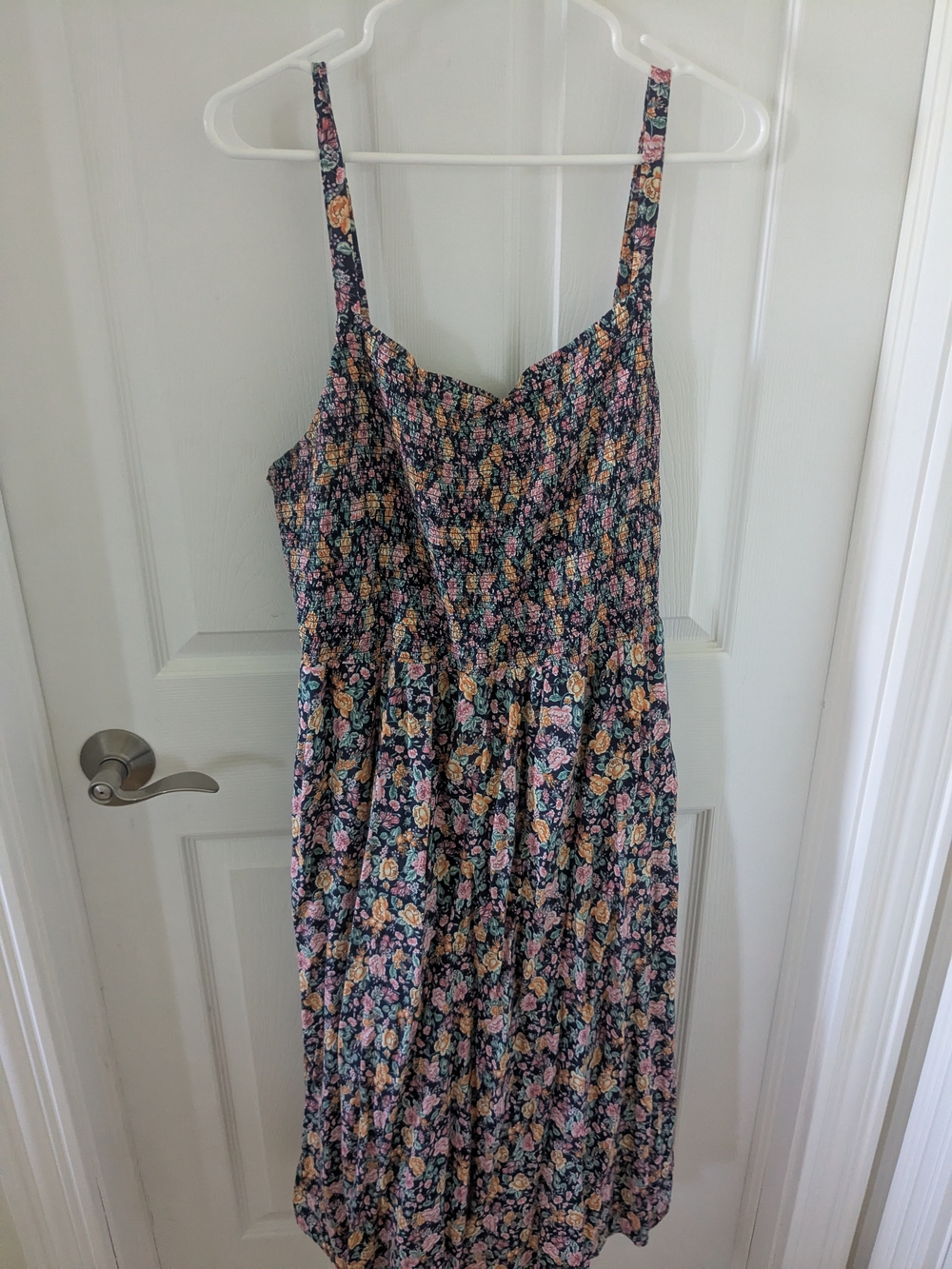 Old Navy Navy Floral Smocked Midi Dress with Pink & Yellow Blooms